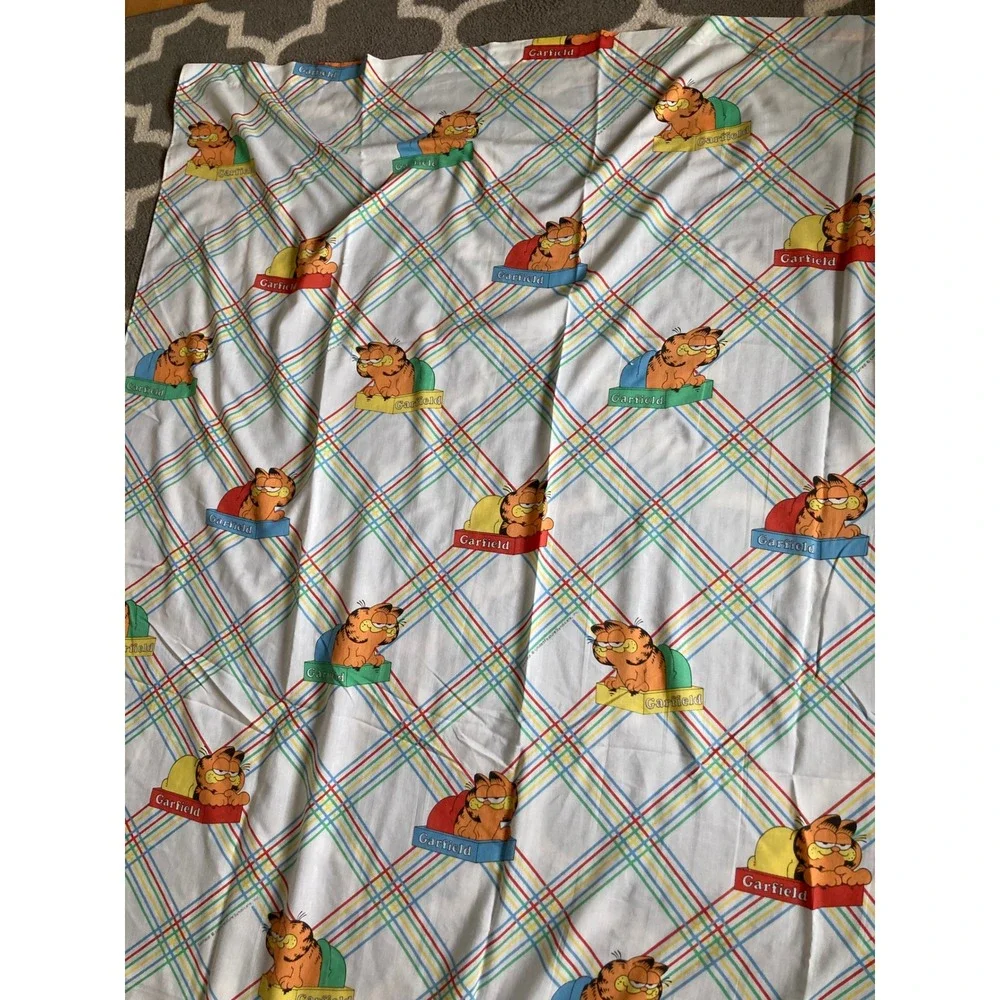 Vintage Garfield Cat Twin‎ Flat Sheet Marlborough Rainbow Plaid Stripe USA Read